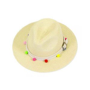 Tigerstars Pom Pom Braided Buckle Trim Straw Fedora Hat